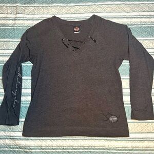 Harley Davidson Women’s Grey Long Sleeve V-Neck Shirt Sz 2X Biker Graphics